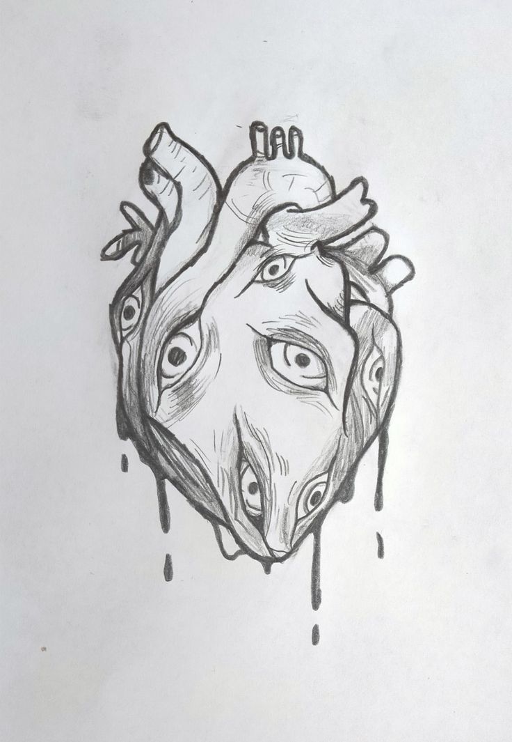 a drawing of a human heart with blood dripping down the side and eyes drawn on paper