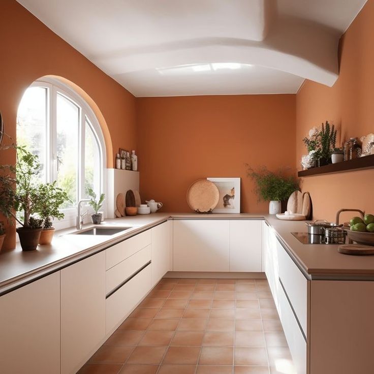 an orange and white kitchen with tile flooring, potted plants on the window sill