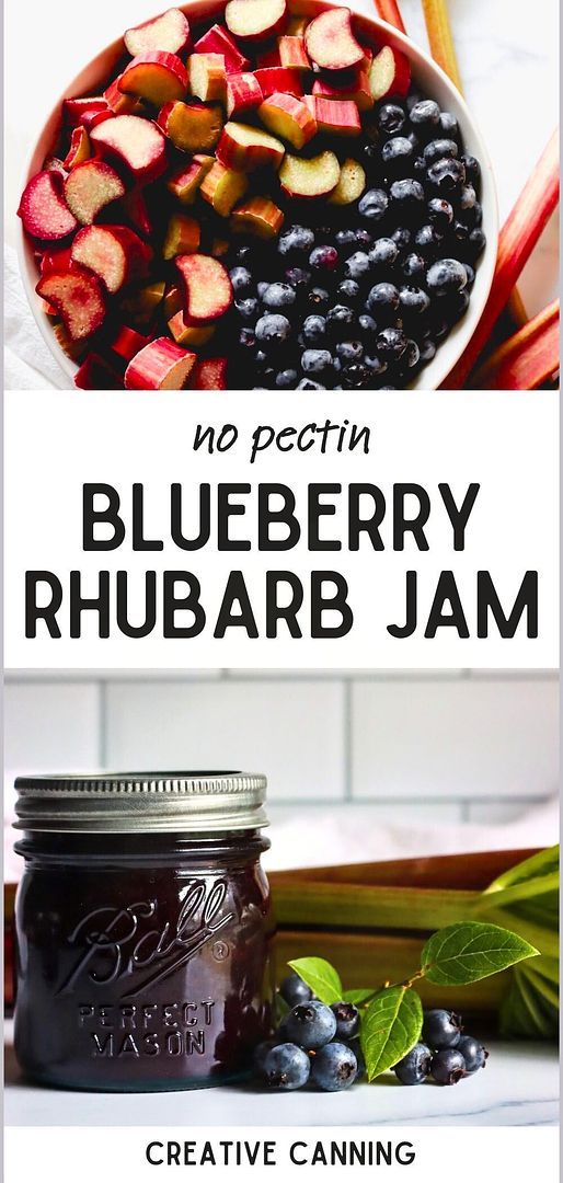 blueberry rhubarb jam in a mason jar with fresh berries on the side