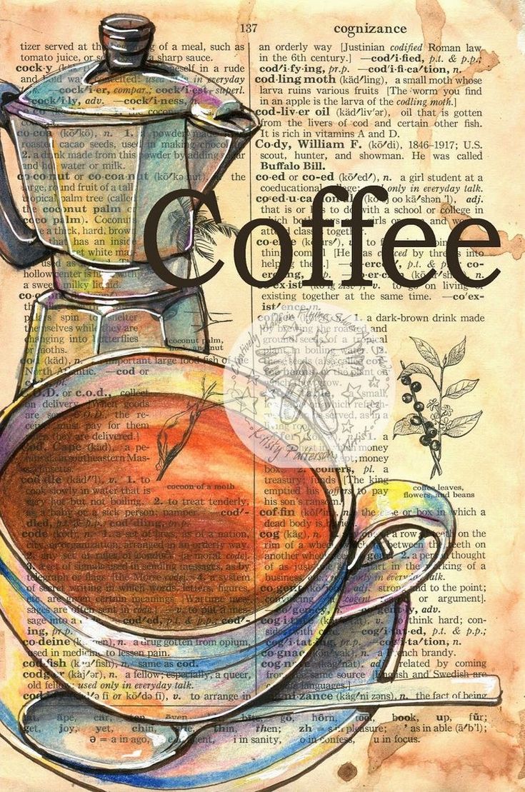 a drawing of a cup of coffee on top of an old book