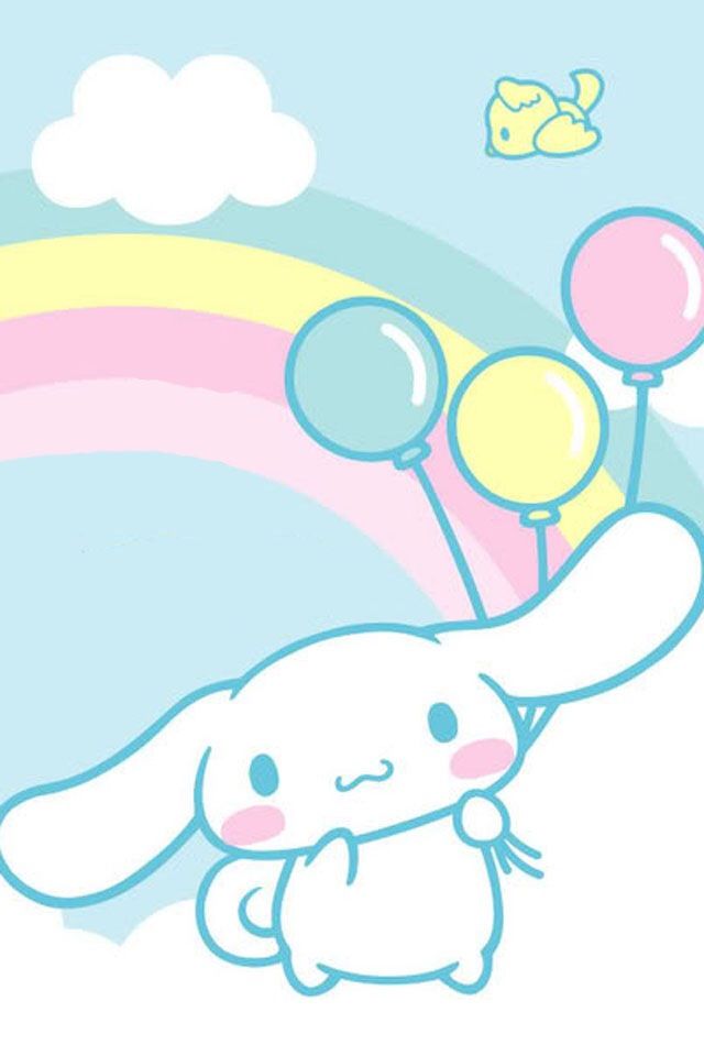 a cartoon bunny holding balloons in front of a rainbow