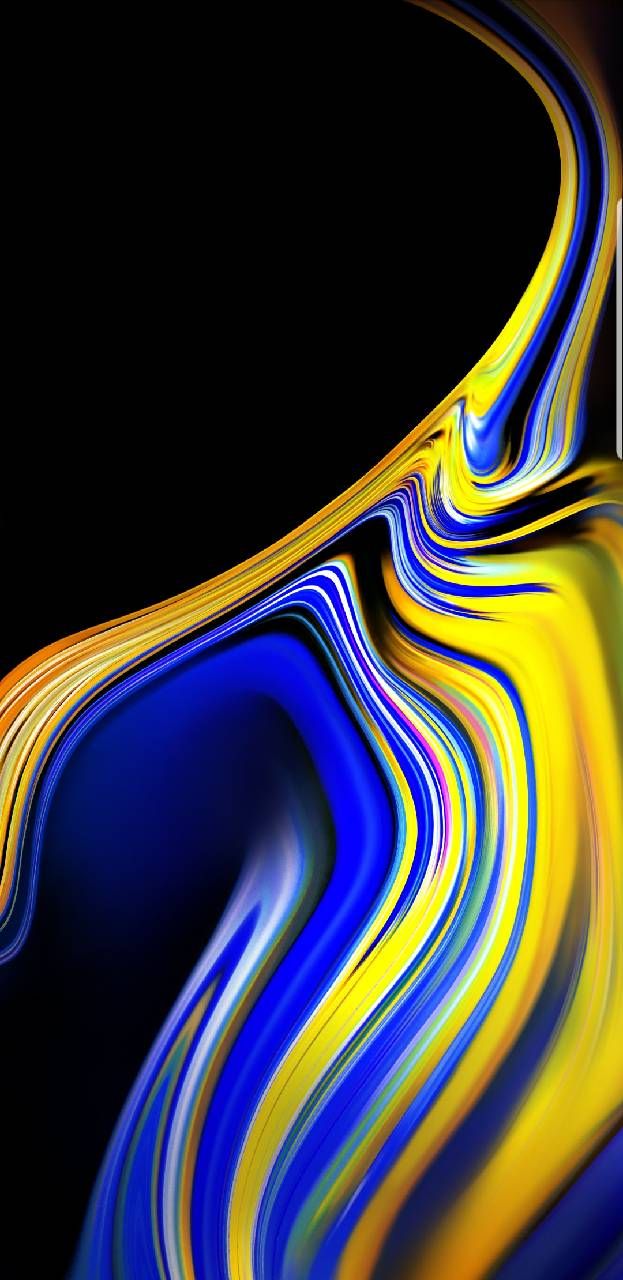 an abstract painting with blue, yellow and green colors on black background that looks like waves