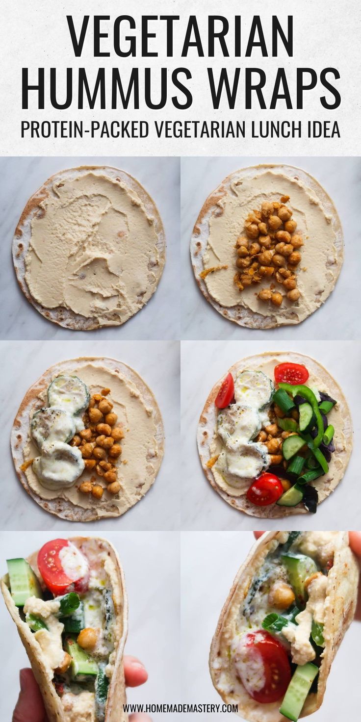 the instructions for how to make vegetarian hummus wraps