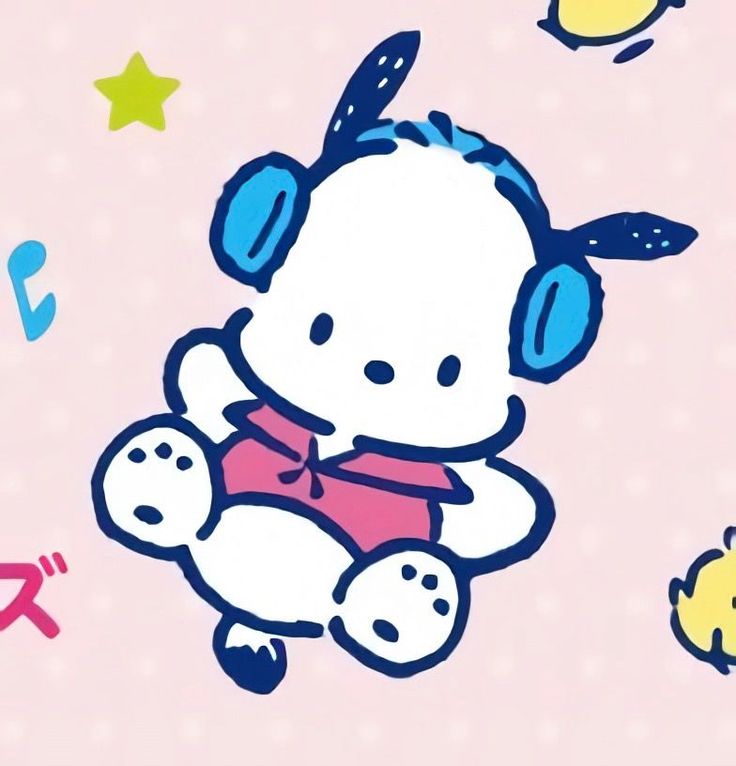 a cartoon character with headphones sitting on the ground