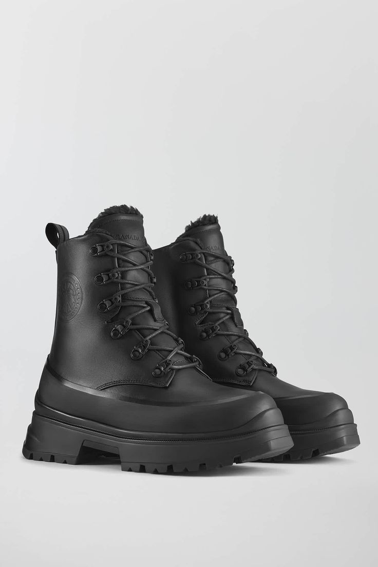 Crafted in ultra-luxe leather, the Kya is laminated with an innovative HDry® membrane and equipped with a rubber protective wrap for durability and 100% waterproof protection. The Kya Lace Up Boot is shearling lined for premium warmth. Available in a palette of elevated neutrals, the Kya will become your go-to multi-season staple. Elevated Neutrals, Leather Boot, Silhouette Design, Canada Goose, Boot Shoes Women, Lace Up Boots, Black Boots, Leather Boots, Shoe Boots