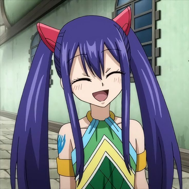 an anime character with long purple hair and horns on her head, smiling at the camera