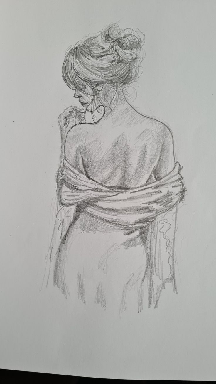 a pencil drawing of a woman wrapped in a blanket with her back to the camera