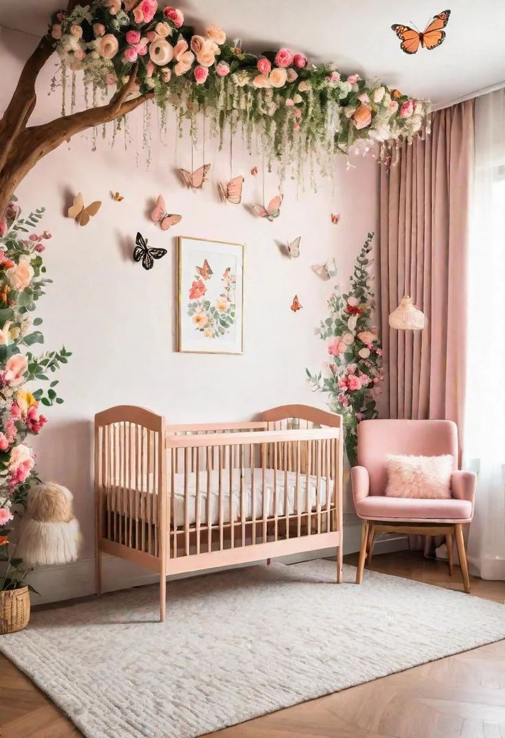 a baby's room decorated in pink and white with flowers on the wall, butterflies flying above