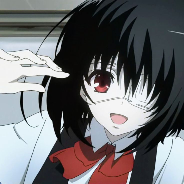 an anime character with black hair and red eyes