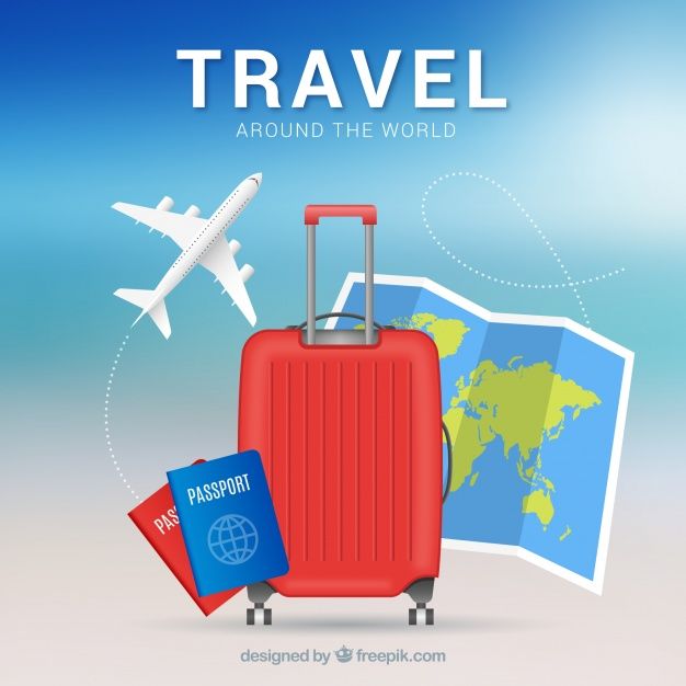 a red suitcase sitting next to a passport and an airplane on top of it with the words travel get upto $ 150 off