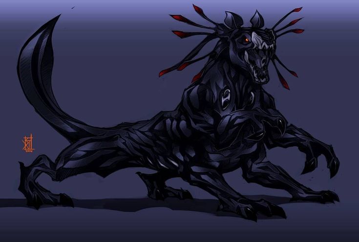 a black creature with red eyes and horns