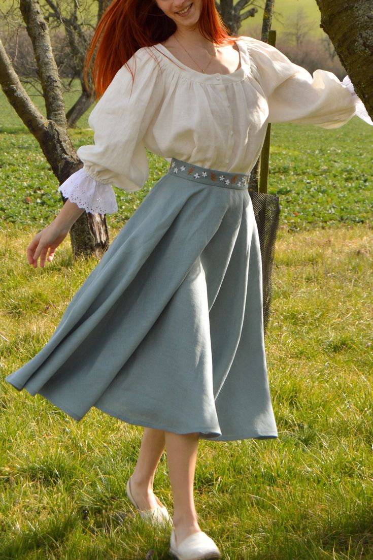 Discover the sheer elegance of our Linen Embroidered Circle Skirt Rosie. This skirt is just made for twirling! I create every embroidery with love by hand just for you, making the skirt special and unique.  If you are interested in different embroidery or thread color, do not hesitate to send us a message and together we will design an embroidery just for you! The skirt is custom-tailored with a flat waistband, so it's essential for you to specify your waist measurement in the personalization bo Traditional Pleated Skirt For Spring, Traditional Fitted Skirt For Spring, Traditional Wrap Skirt For Spring, Flowy Long Lined Petticoat, Flowy Pleated Flared Petticoat, Traditional Full Skirt For Spring, Traditional Fitted Full Skirt Bottoms, Traditional Long Ruffled Skirt, Traditional Long Skirt For Spring