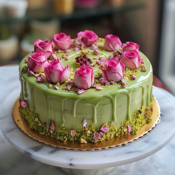 a green cake topped with pink roses on top of a white plate and marble table