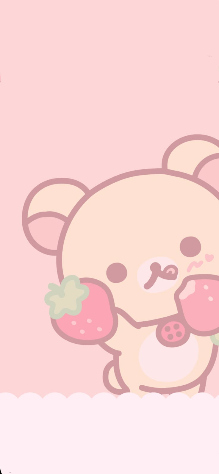 a cartoon bear holding a strawberry in its mouth