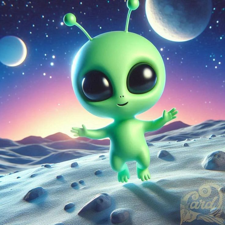 an alien standing on top of a snow covered ground next to a moon and stars