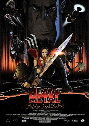 the movie poster for heavy metal featuring two men with swords in front of an evil demon