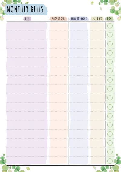 the printable planner is shown with green leaves and flowers on it's side