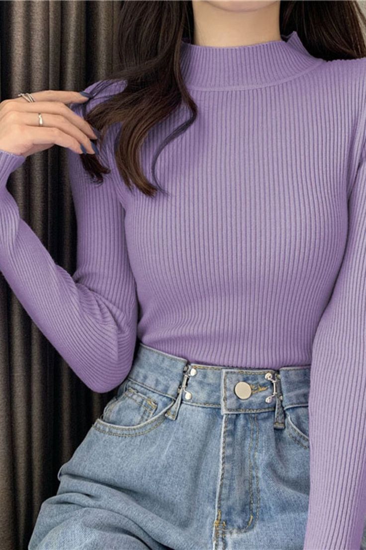 Cute outfits - Solid Half-collar Long Sleeve Casual Skinny Knit Sweater Winter Turtleneck, Winter Knit Sweater, Pullover Mode, Slim Sweater, High Neck Sweater, Chic Sweaters, Knitted Tops, Women Long Sleeve Tops, Pullover Sweater Women