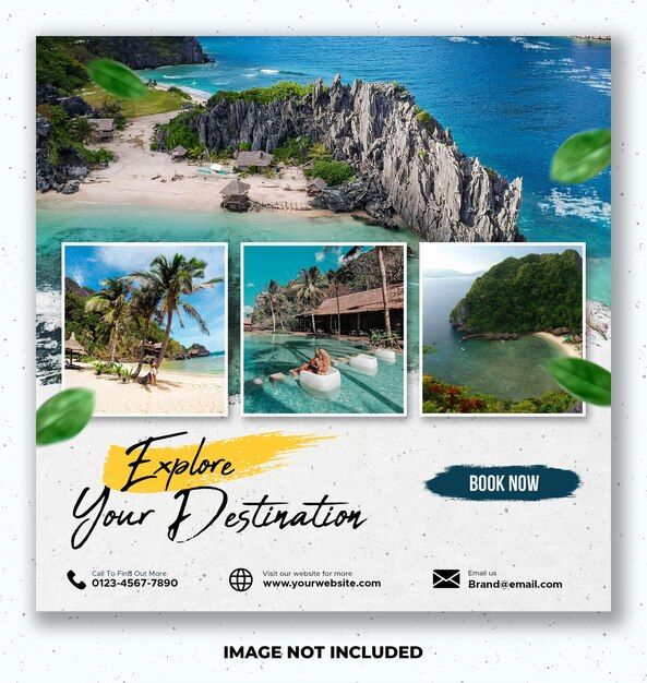 an advertisement for a travel company with images of the beach and island in the background