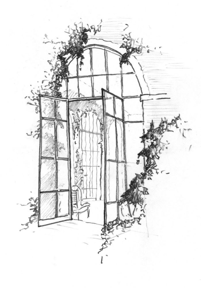 a drawing of an open window with vines growing on the outside and in between it