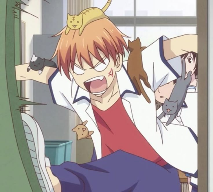 an anime character with his head in the air and one hand on his shoulder, while another person holds a cat behind him