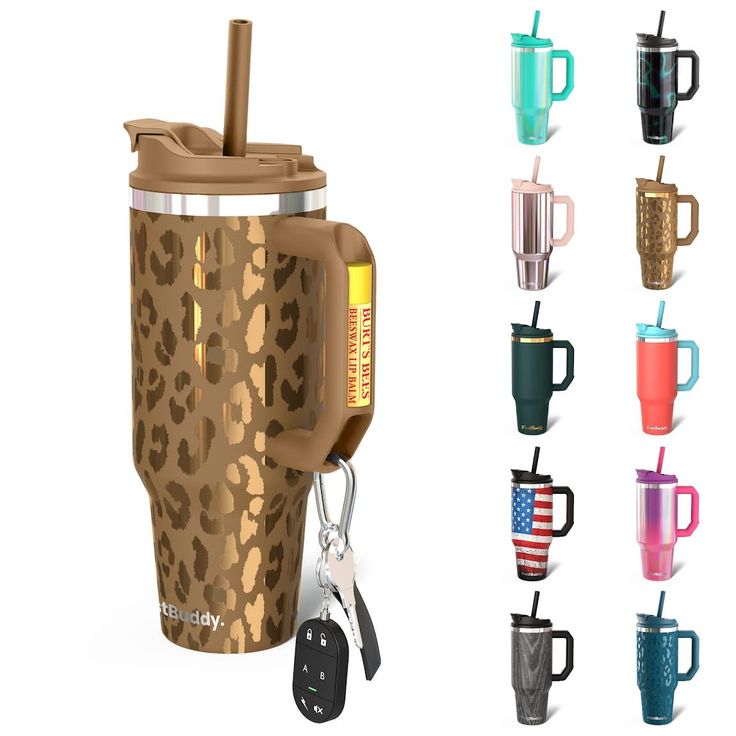 thermos cup with leopard print and keychain is shown in different colors