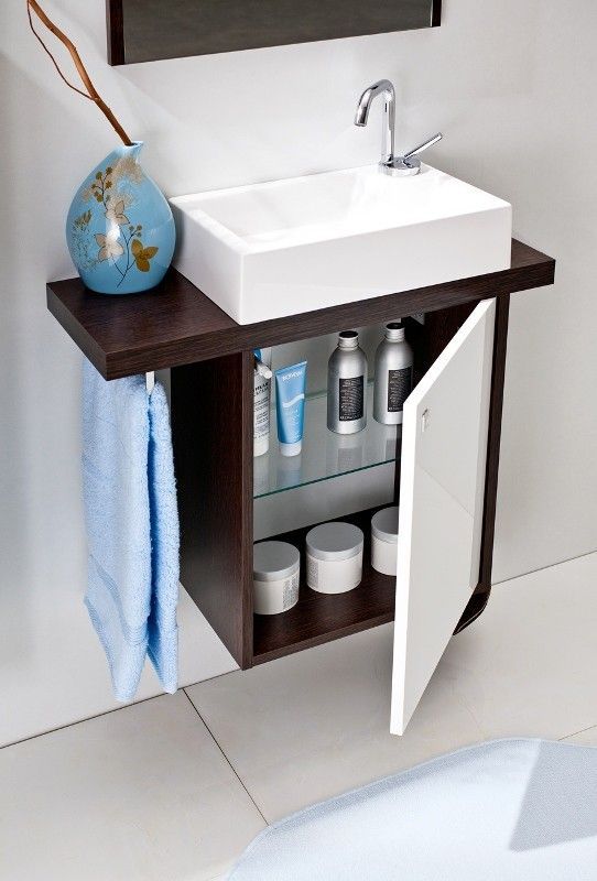 a bathroom sink with the door open to reveal it's storage compartment and its contents