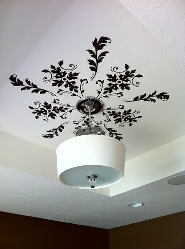 a lamp that is on the ceiling in a room with black and white wallpaper