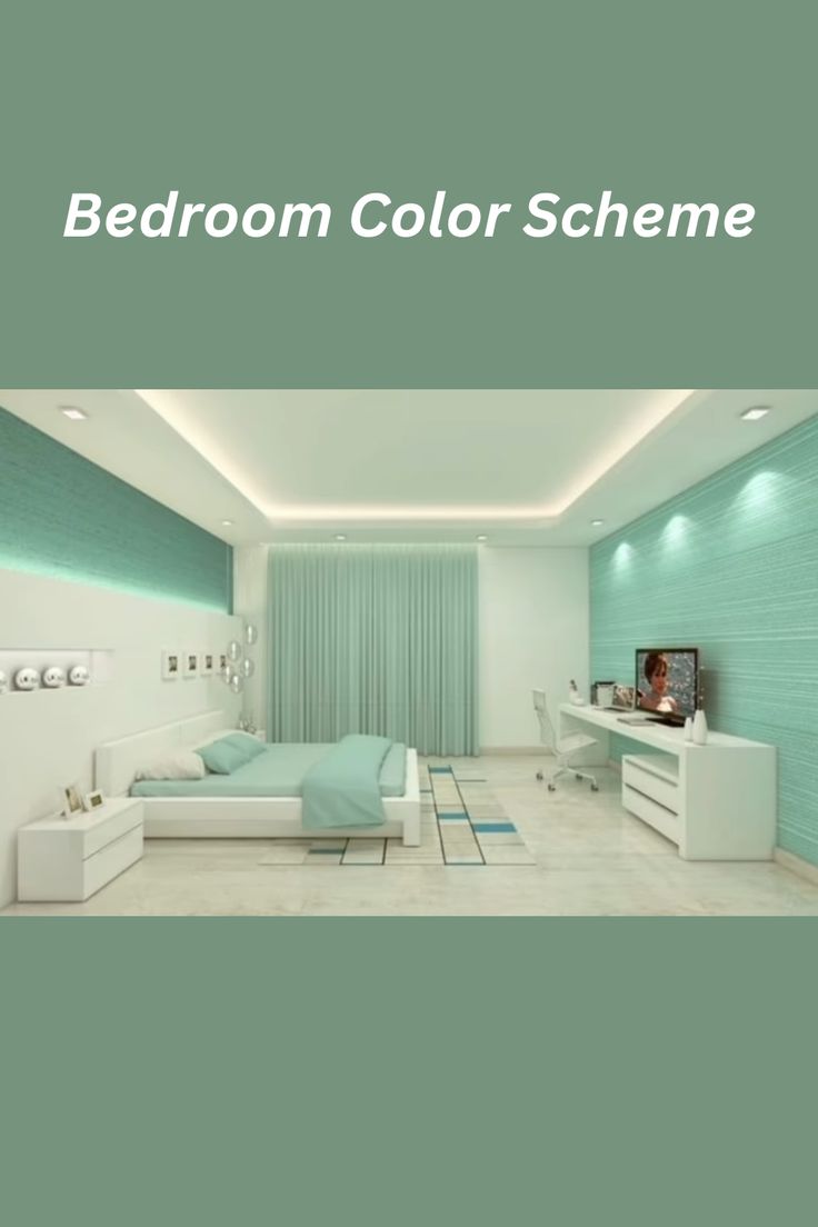 the bedroom color scheme is green and white with blue accents on the walls, along with a television