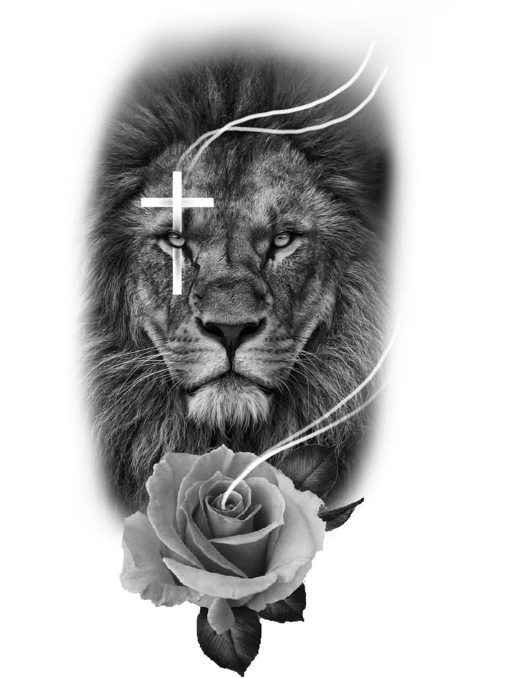 a lion with a cross on it's forehead and a rose in front of it