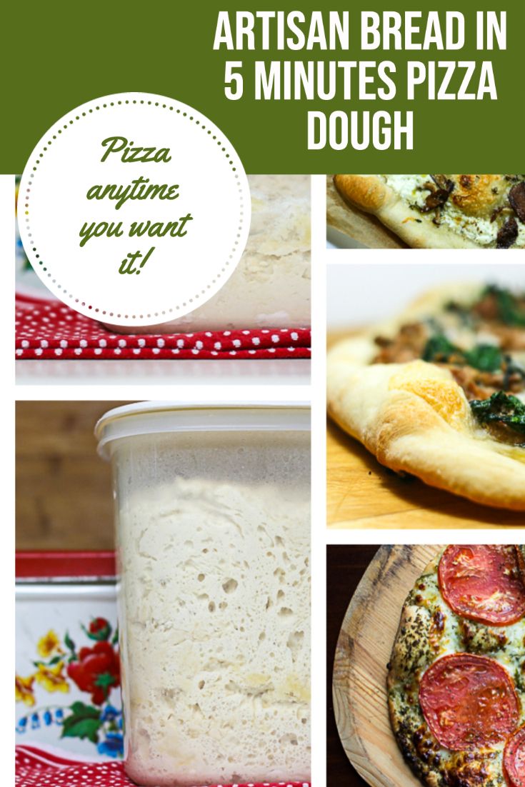 there are many different types of pizzas in this collage with the words, artisan bread in 5 minutes pizza dough