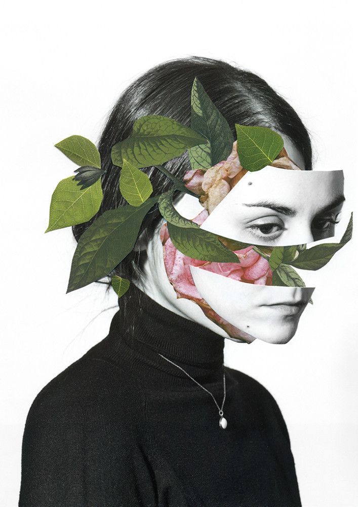 a woman with leaves on her head and the image is made up of photoshopped