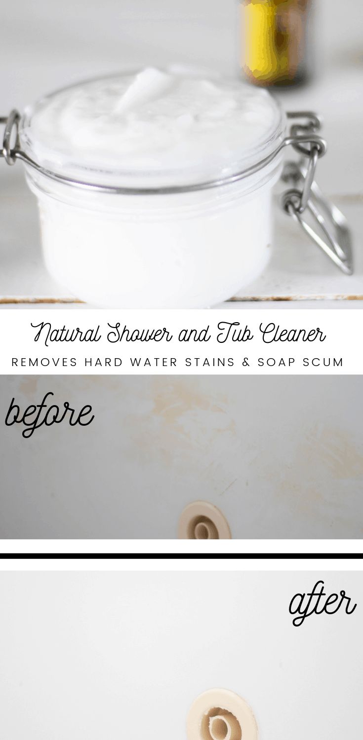 the before and after pictures of how to clean your bathtub with natural shower and tub cleaner