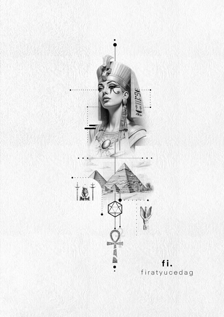 an egyptian woman's face with pyramids and other symbols in black and white