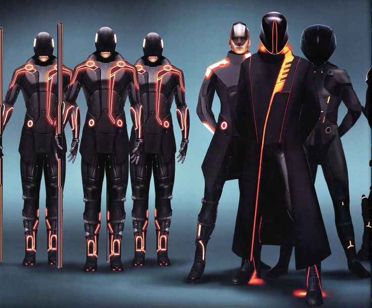 several different types of sci - fi characters in black and red outfits, standing next to each other