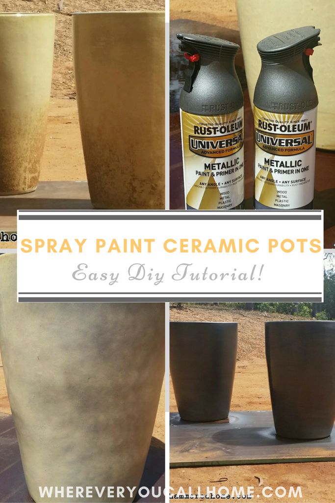 several pictures of different types of ceramic pots with text overlay that reads spray paint ceramic pots easy diy tutor