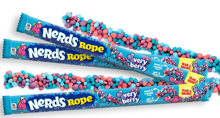 three candy bars are stacked on top of each other, with the words nerds rope in