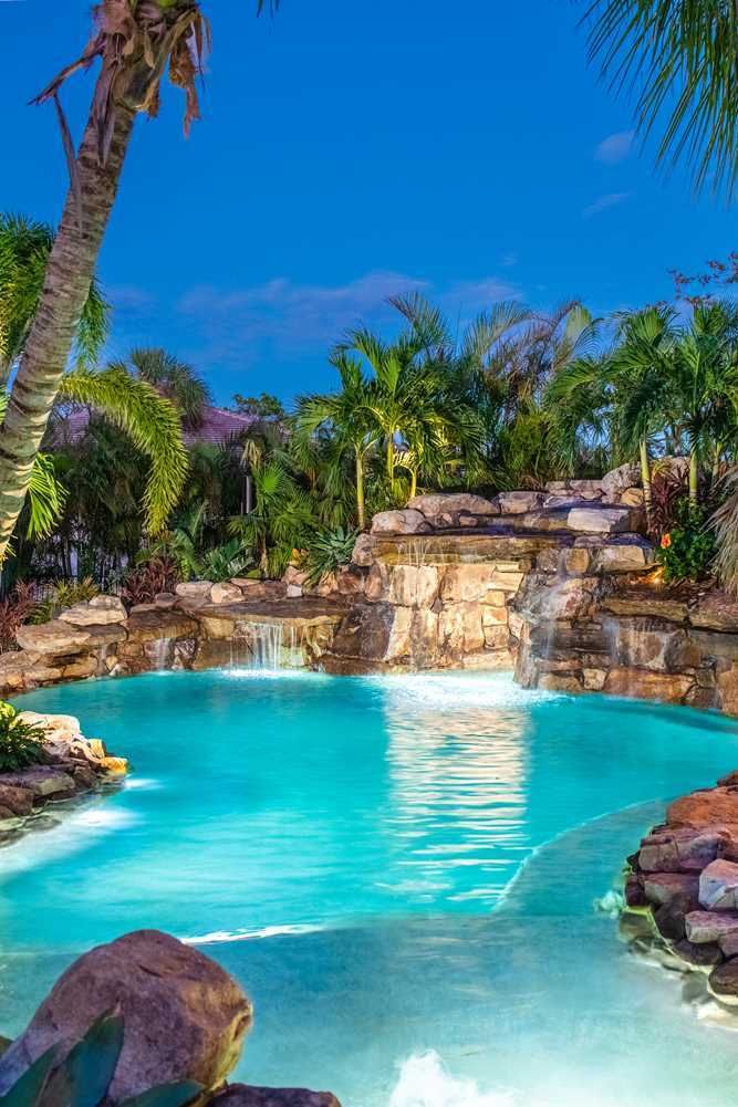 a large pool surrounded by palm trees and rocks