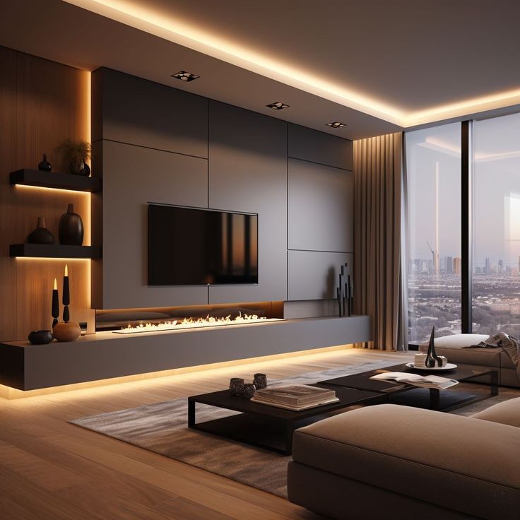 modern living room with large windows overlooking the cityscape and lights on the wall