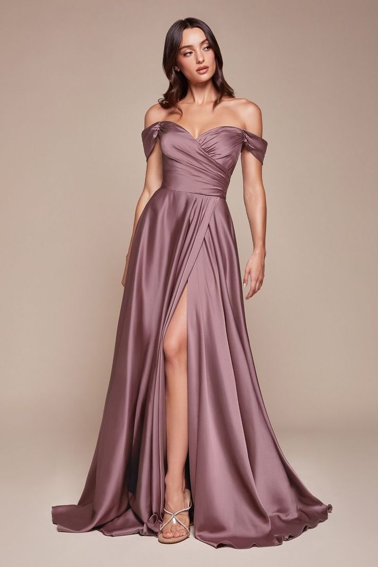 This a-line satin gown offers both comfort and elegance. A simple sweetheart neckline gathers around the waistline flowing into a light slitted skirt. Off the shoulder sleeves add a touch of romance to this timeless piece. Satin Bridesmaid Dresses Off Shoulder, Satin Gowns Bridesmaid, Soft Satin Bridesmaid Dress, Satin A Line Prom Dress, Bridesmaid Wedding Dresses, Ball Gown Dresses Elegant, Off Shoulder Bridesmaid Gown, Satin Gown With Sleeves, Bridesmaid Gown Elegant