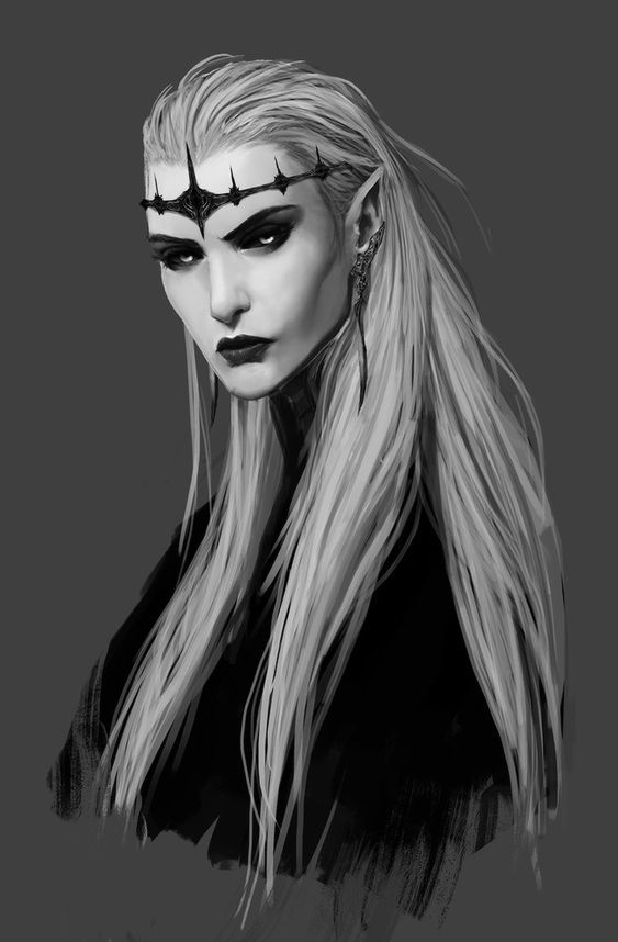 a black and white drawing of a woman with long blonde hair, wearing gothic makeup