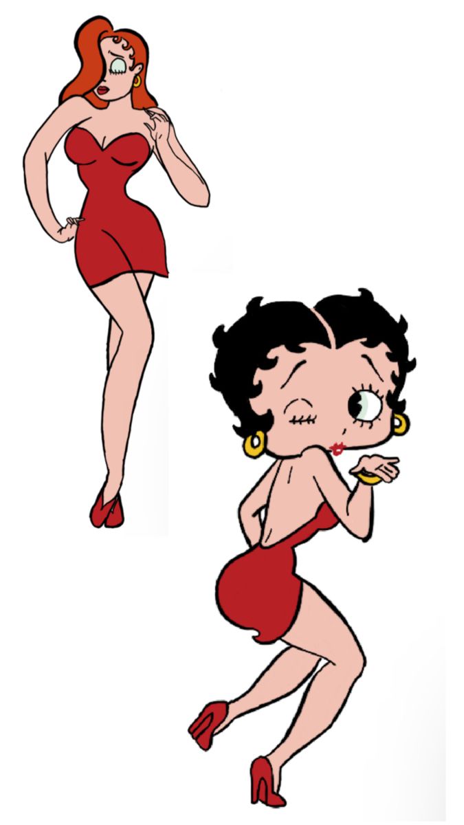 two cartoon women in red dresses and one is eating something out of her mouth while the other