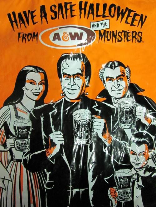 a poster with three people dressed up as the addams in front of an orange background