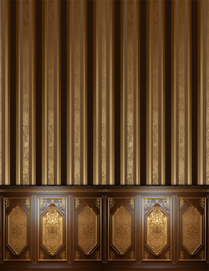 an empty room with wooden paneling and gold wallpaper