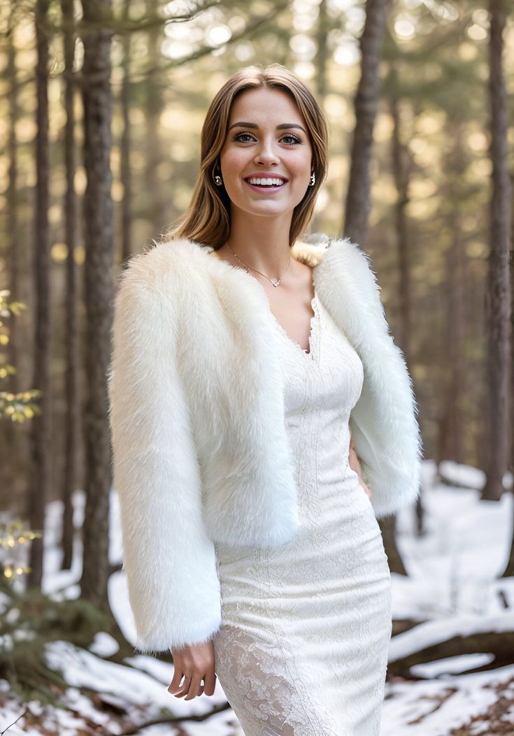 a woman in a white dress and fur coat