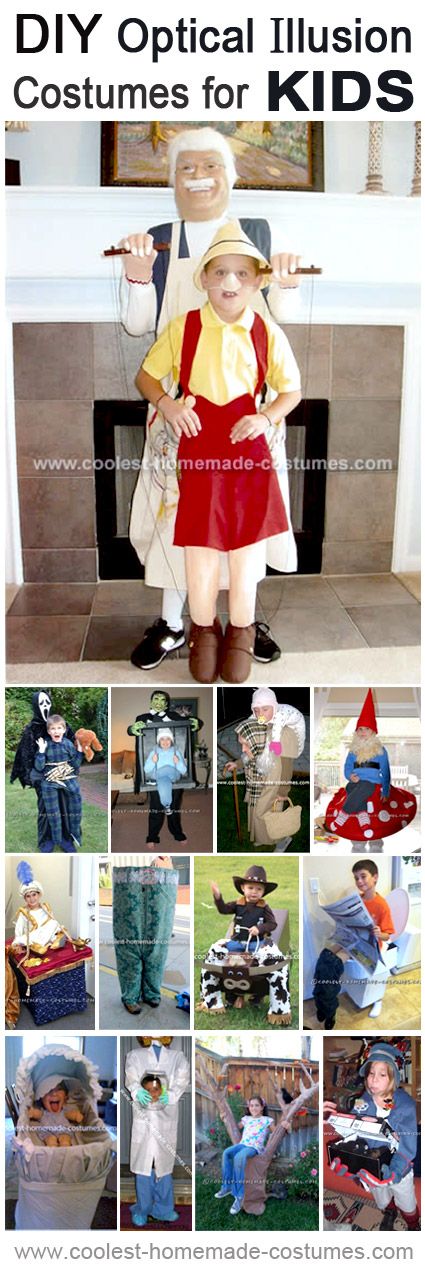 collage of costumes for kids including an old man and woman, with text overlay that reads diy optical illusion costumes for kids