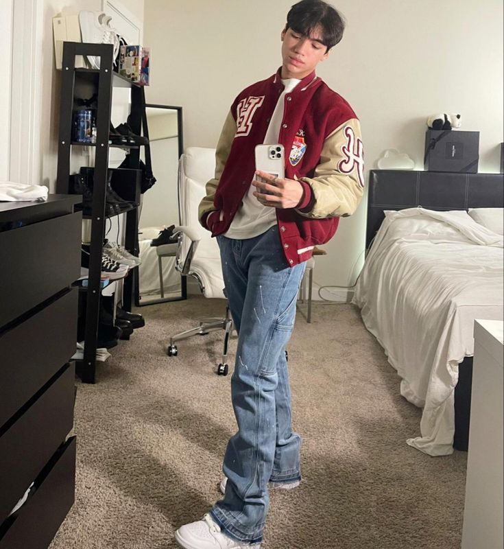 Red Letterman Jacket Outfit Men, Red Jeans Outfit Men, Brown Varsity Jacket Outfit Men, 90s Letterman Jacket Outfit, Red Varsity Jacket Outfit Men, Letterman Jacket Outfit Men, University Jacket Outfit, University Outfit Men, Brown And Red Outfit