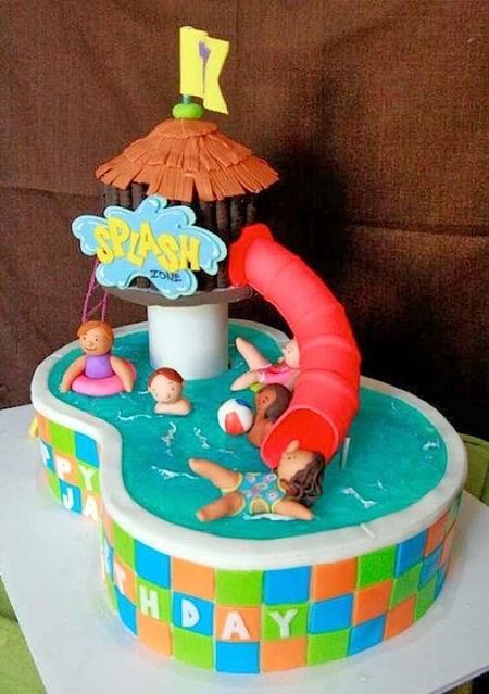 a birthday cake with kids playing in the pool