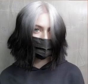 Goth With White Hair, Grey Roots Black Hair, White Roots And Black Ends, White Roots Black Hair, White Roots Hair, Ghost Hair Dye, Ghost Hair Color, Ghost Tips Hair, Ghost Hairstyle