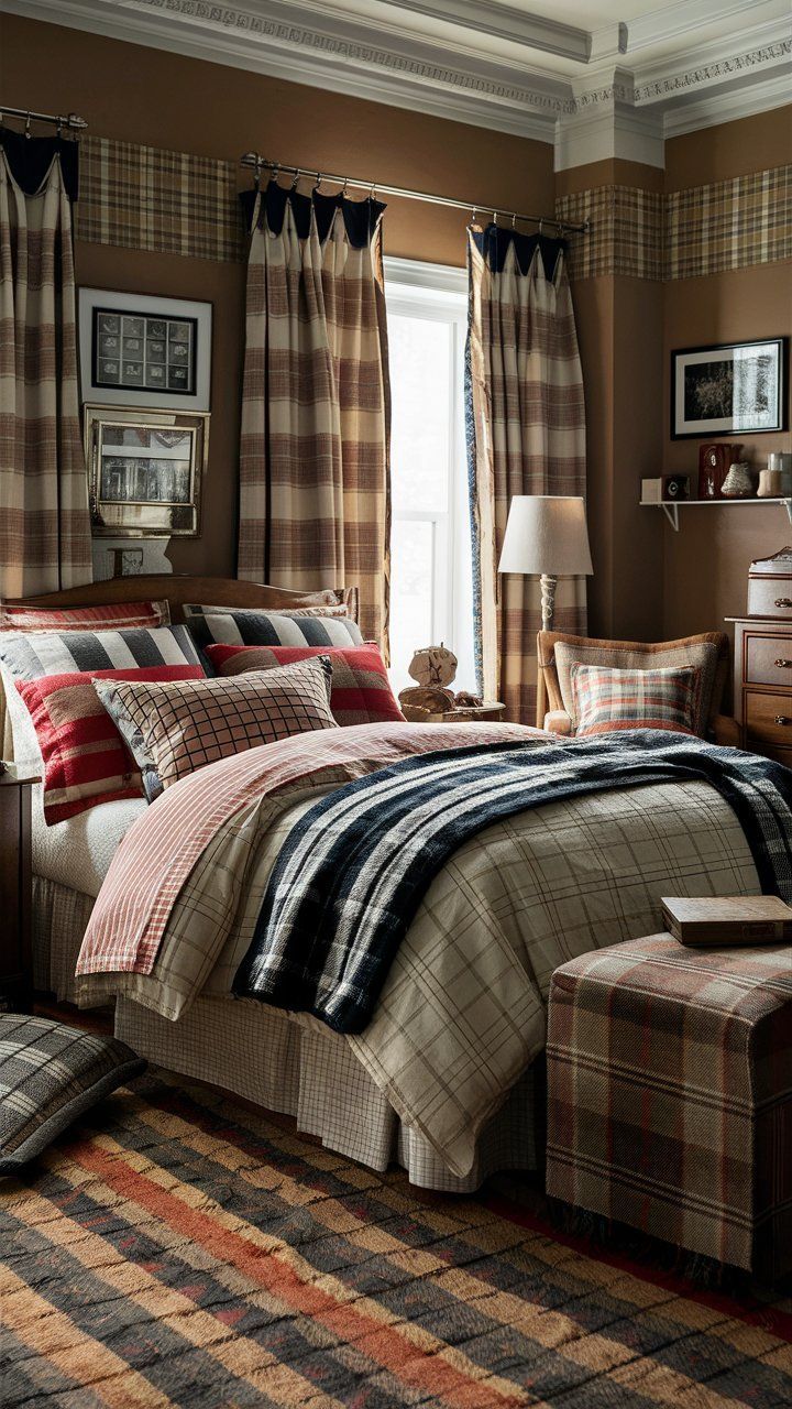 a bed sitting in a bedroom next to a window covered in plaid blankets and pillows